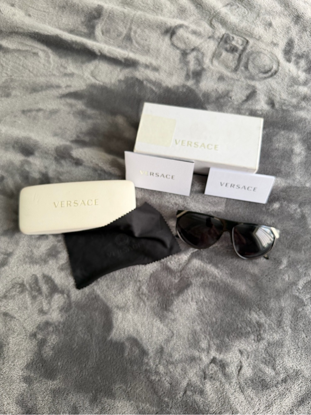 Versace Black and Silver Aviator Sunglasses with White Case